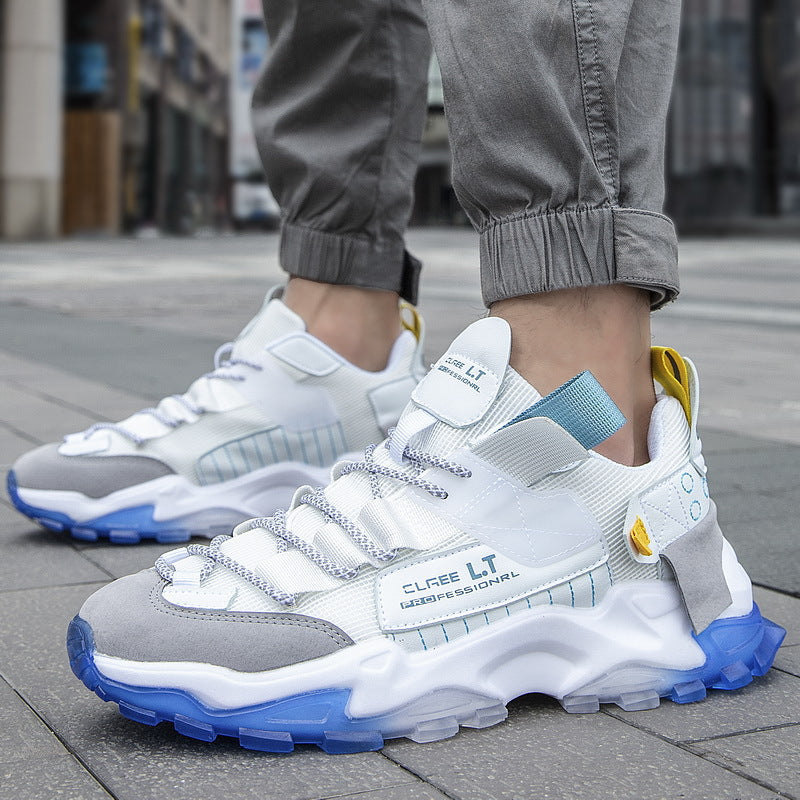 Lightweight casual sneakers with breathable mesh and synthetic PU exterior on autumn sidewalk