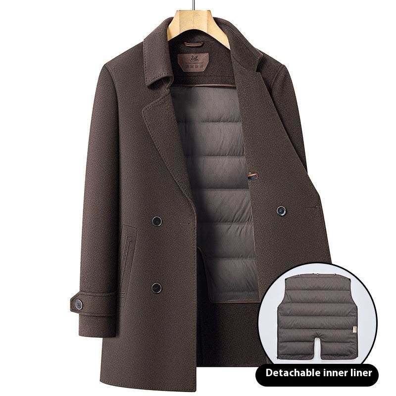 men's double-sided wool overcoat with suit collar and mid-length design in brown and dark gray colors