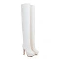 Slim women's vegan leather sexual boots with over-the-knee cut and sew design, block heels, and wool or cotton lining