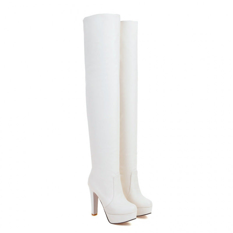 Slim women's vegan leather sexual boots with over-the-knee cut and sew design, block heels, and wool or cotton lining