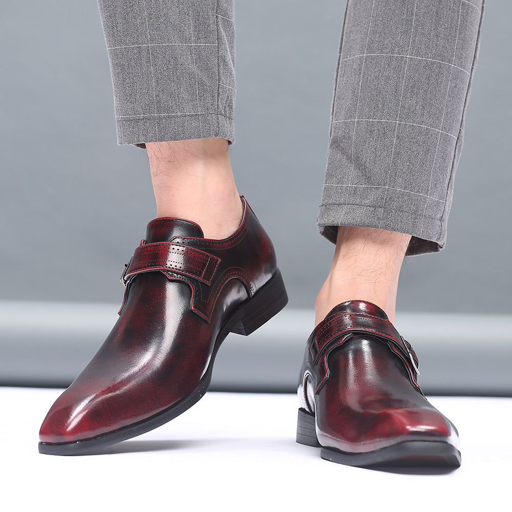 Black business casual vegan leather shoes with stamped horsebit buckle and pointed toe design
