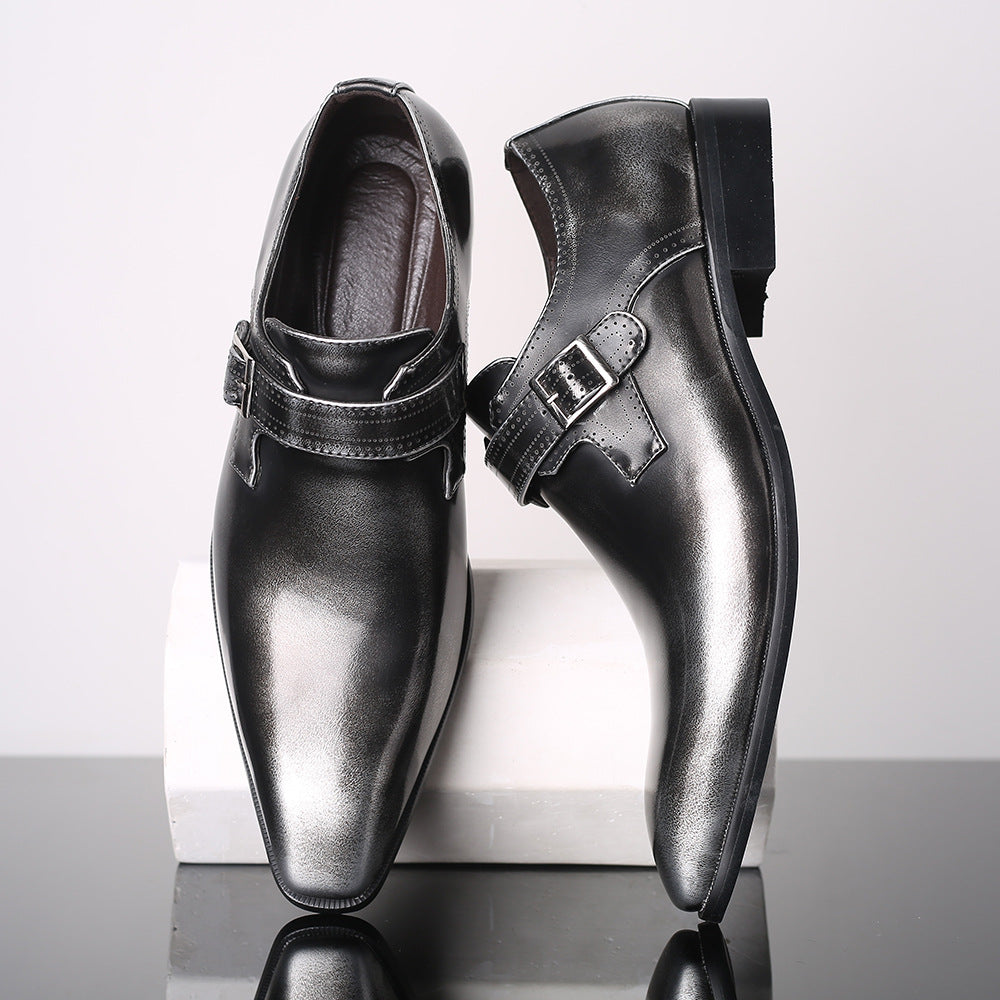 Black business casual vegan leather shoes with horsebit buckle and textured rubber sole