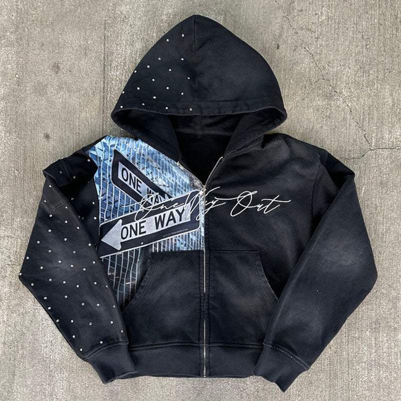 Men's black printed cartoon letter-printed hooded loose-fitting sweatshirt in lightweight polyester with long sleeves and relaxed streetwear style