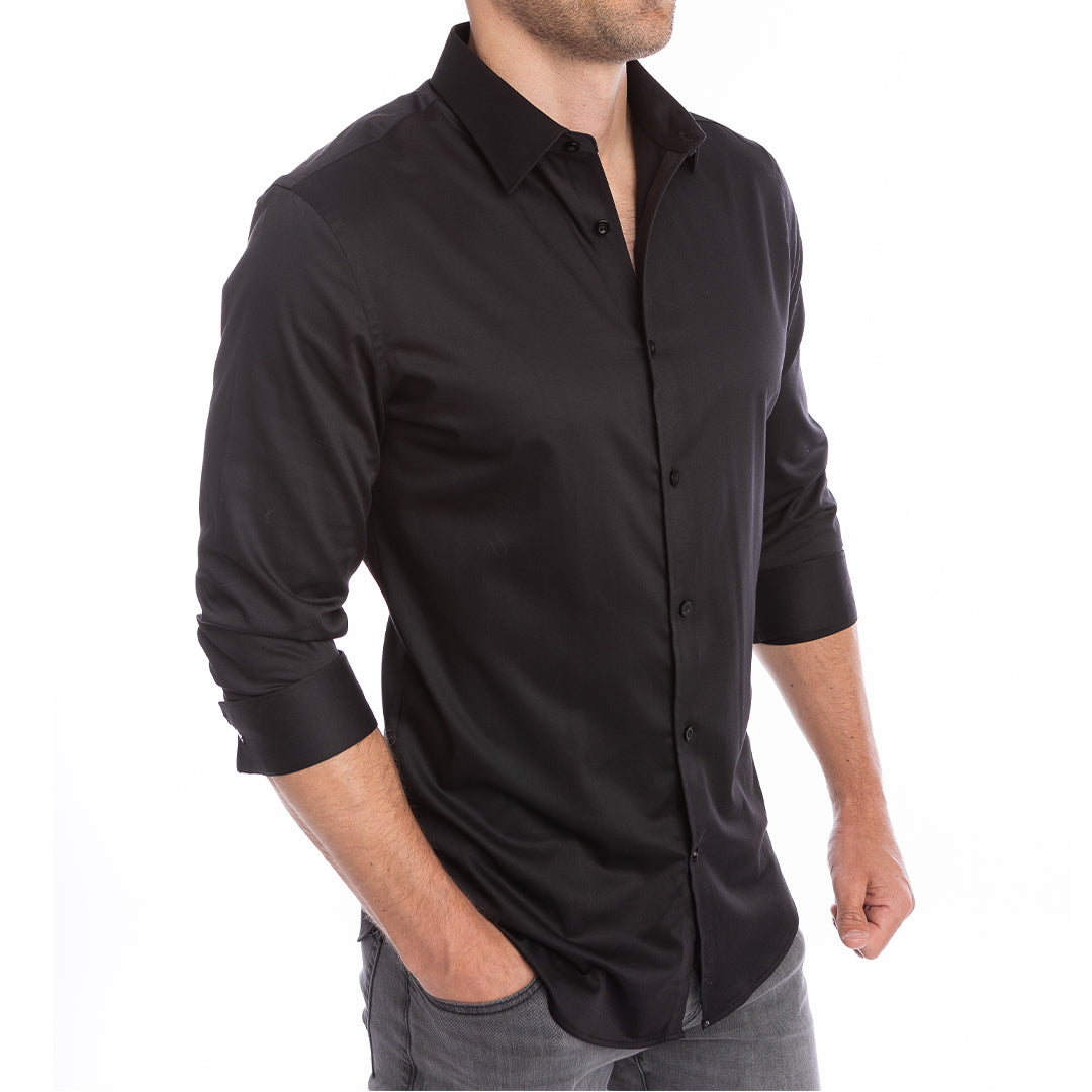 Black goTIELESS Ultimate Dress Shirt with Million Dollar Collar and wrinkle-resistant bamboo stretch fabric