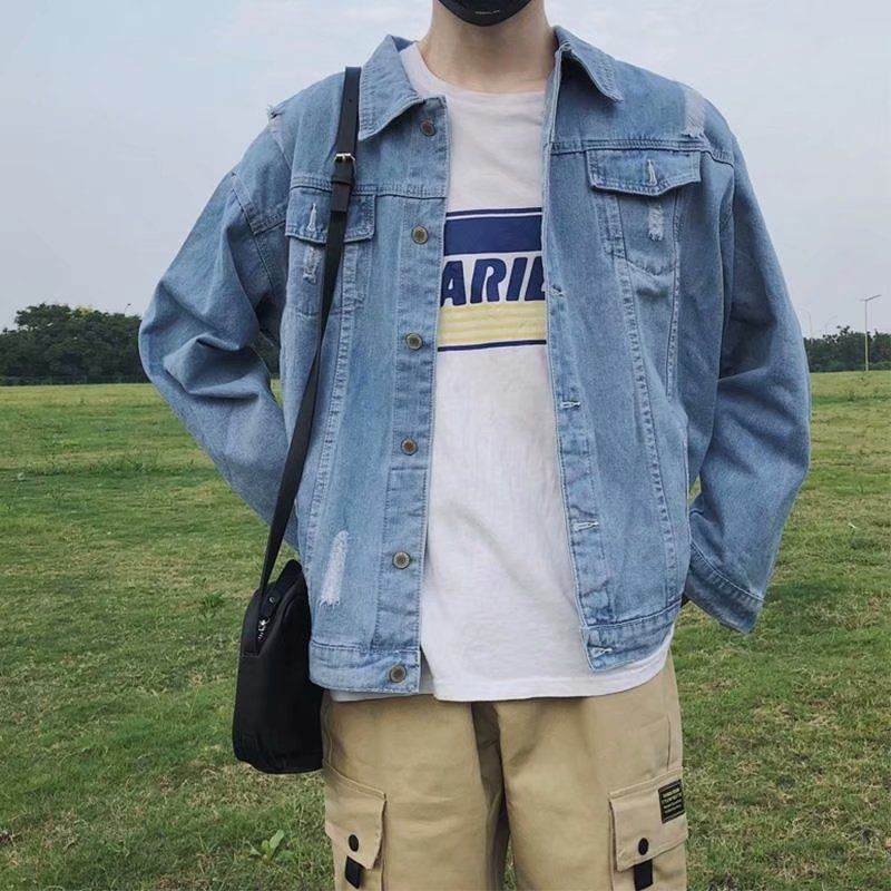 Men's slim fit denim jackets in indigo and charcoal gray with structured layering and hip-length cut