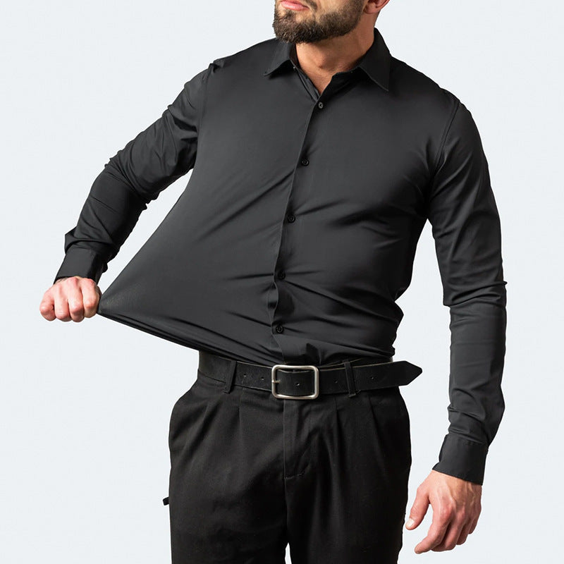 Man wearing four-way stretch wrinkle-resistant lightweight non-iron office shirt