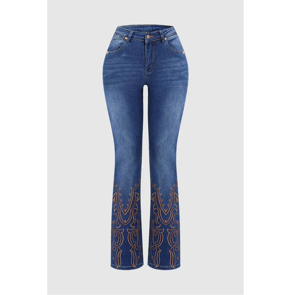 Women's retro beaded embroidered stretch denim jeans with mid-rise waist and flare leg