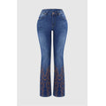 Women's retro beaded embroidered stretch denim jeans with mid-rise waist and flare leg