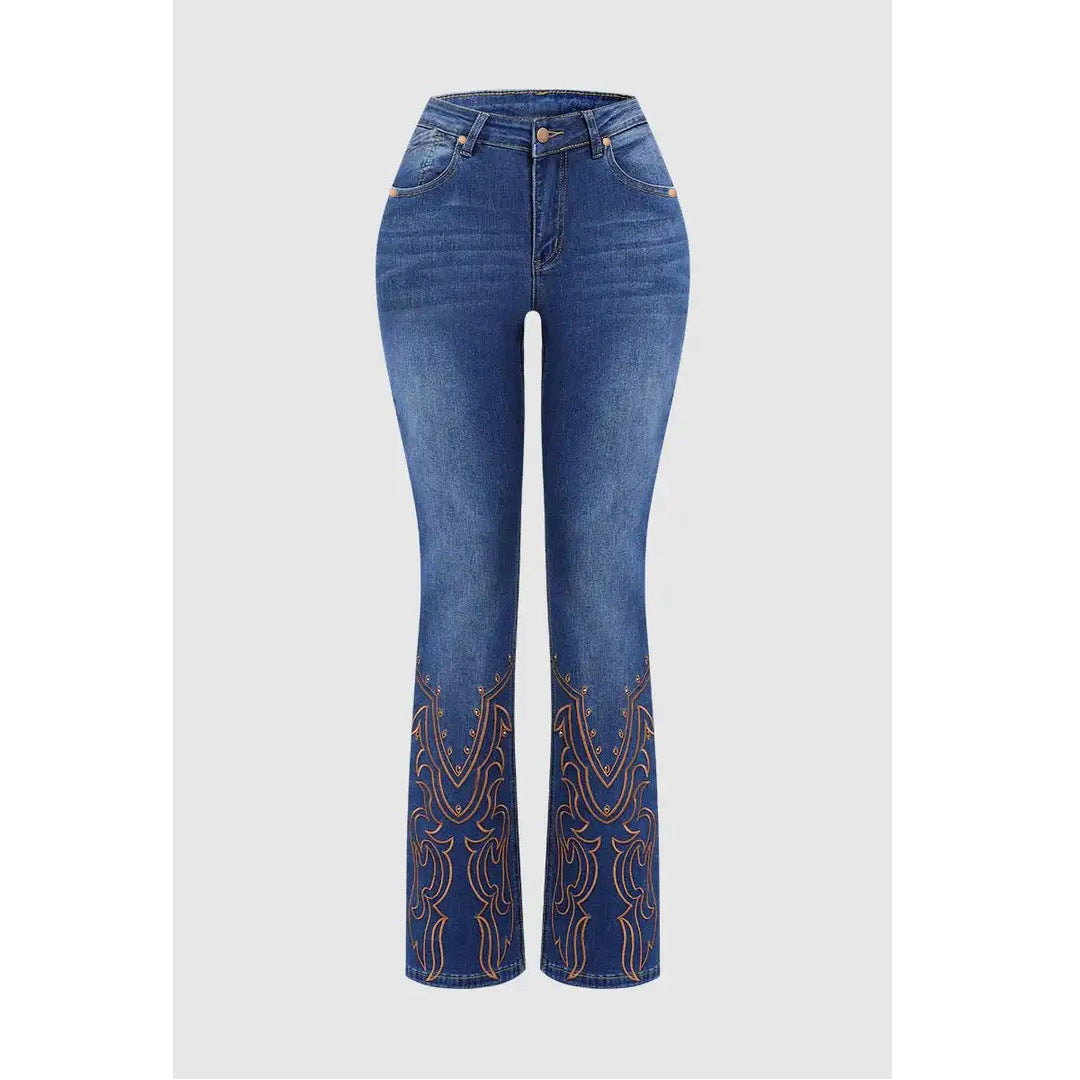 Women's retro beaded embroidered stretch denim jeans with mid-rise waist and flare leg