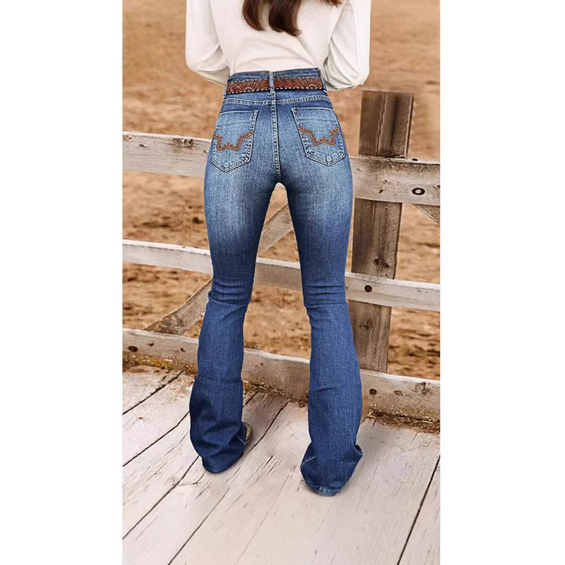 Womens retro beaded embroidered stretch denim jeans with mid-rise flare and detailed bead stitching