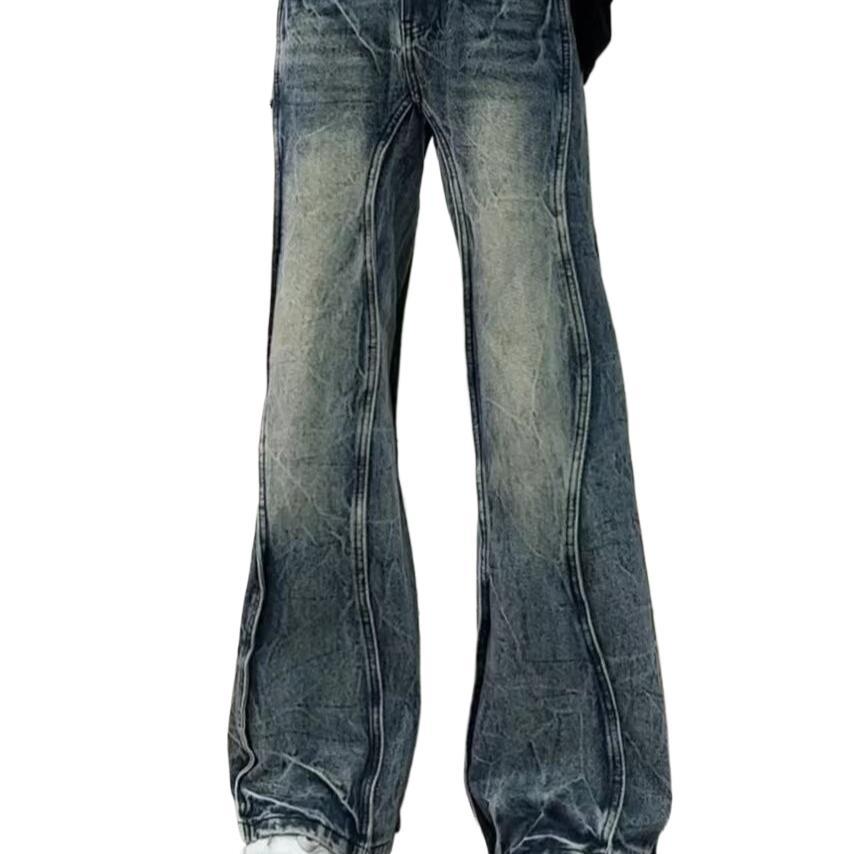 Mens American-style unique stitch chunky denim shoe on wooden floor