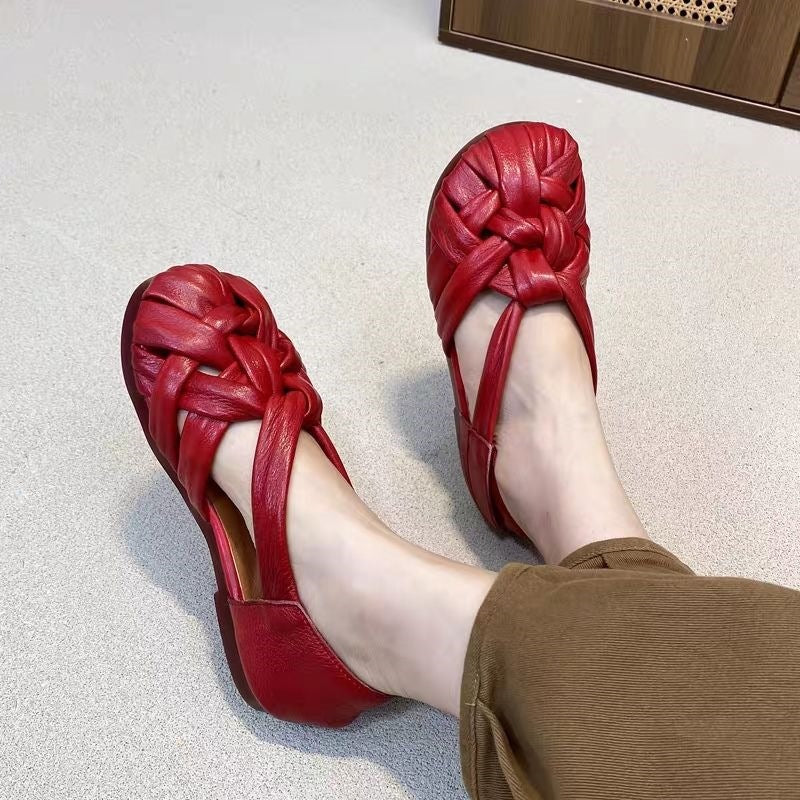 Satin feel unique woven sandals with closed toe and secured heel in dark brown, green, and red colors