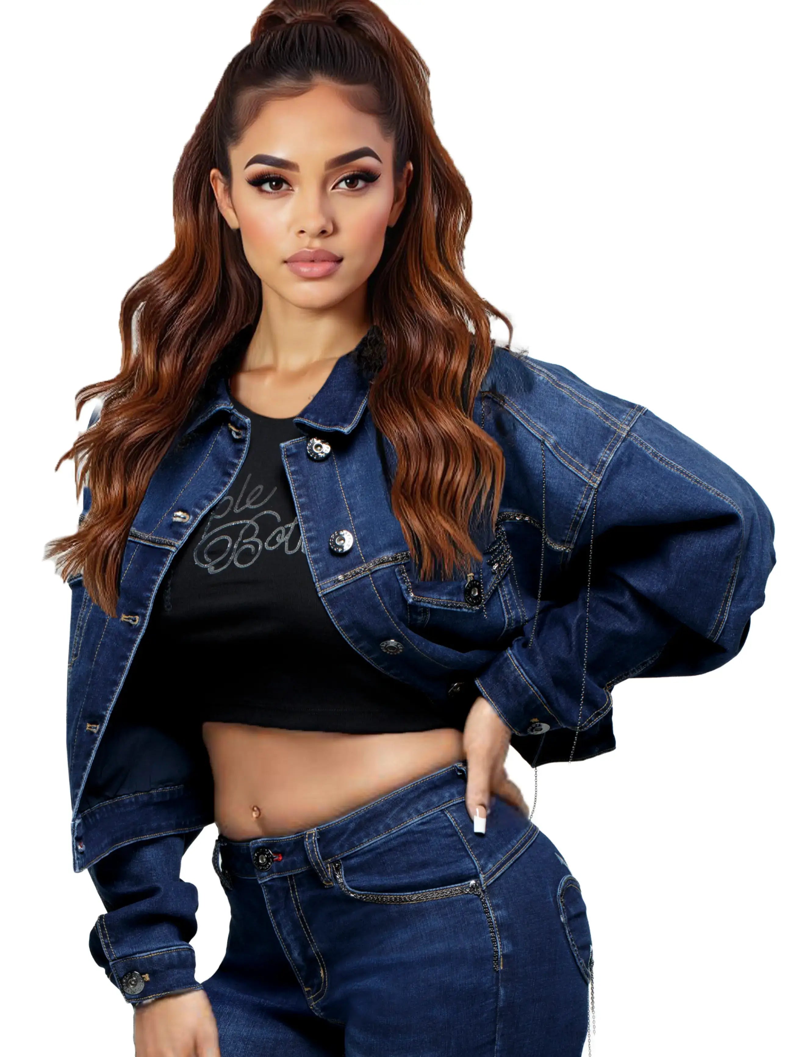 Apple Bottoms By Nelly cropped denim chain link jacket with balloon sleeves and logo detailing