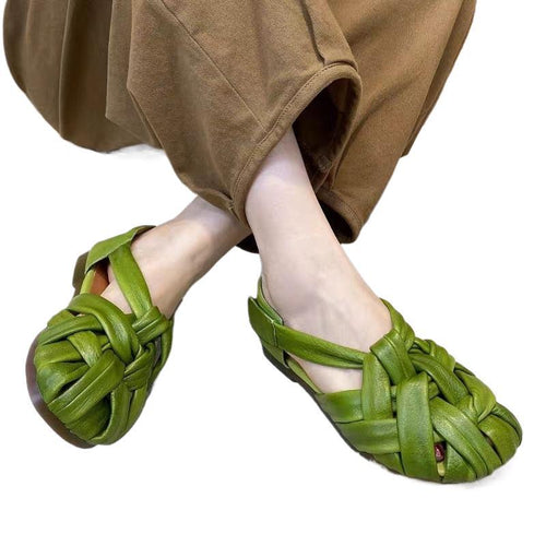 Satin feel unique woven sandals with closed toe and secured back heel in dark brown, green, and red colors