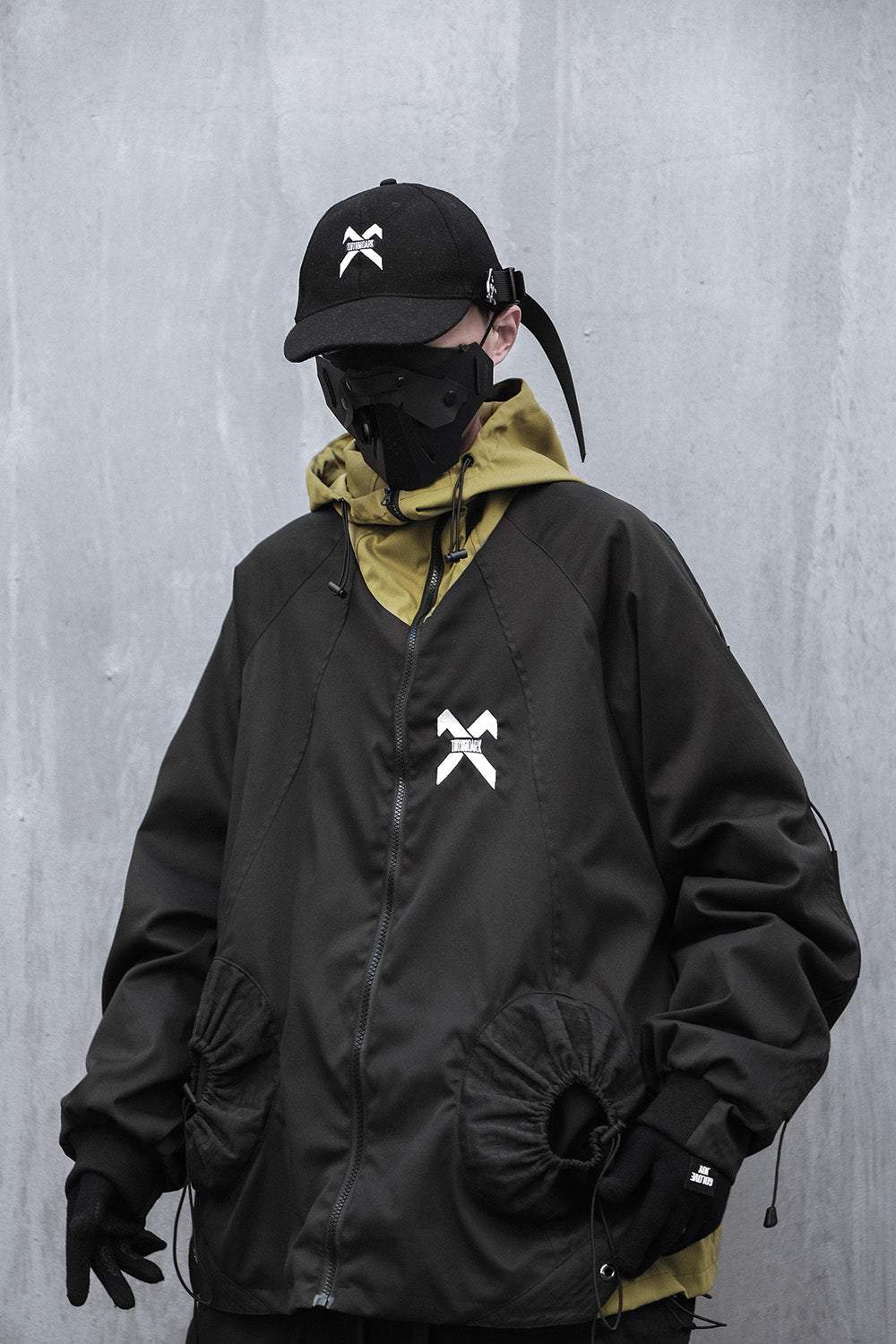 HiJ14 Black Industrial Climber Jacket with hood and zippered front designed for thermal insulation and weather resistance
