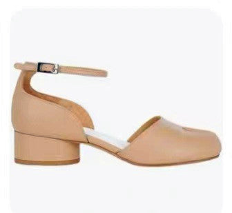 Black women's split toe tabi leather heels with 6cm heel and rubber sole