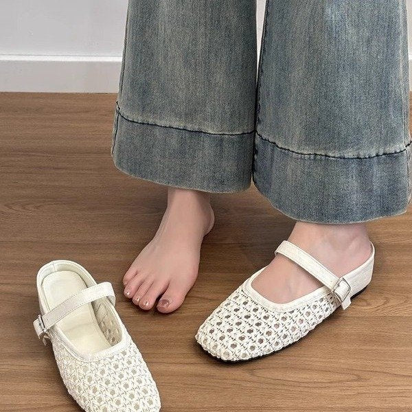 Square-toe PU slip-on shoes with ventilation channels and lightweight rubber platform for eccentric women
