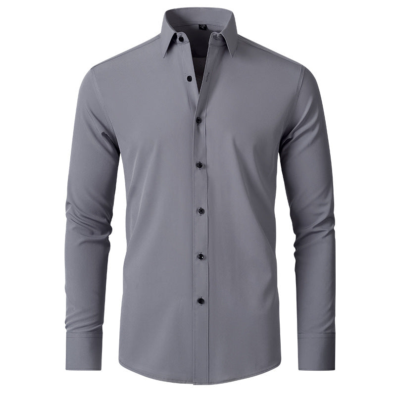 Man wearing four-way stretch wrinkle-resistant lightweight non-iron office shirt