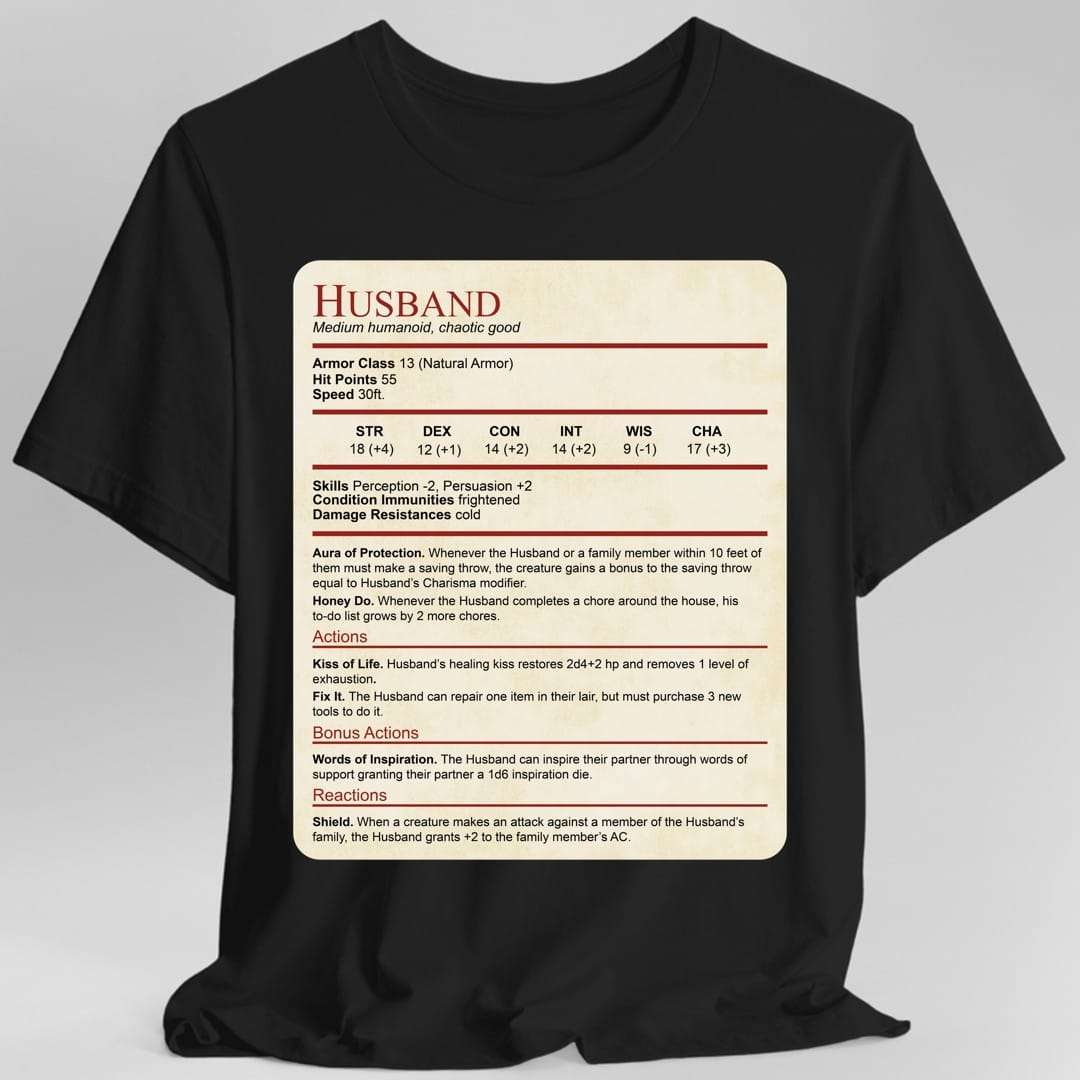 D&D Husband Stat Block t-shirt with character sheet design on parchment background
