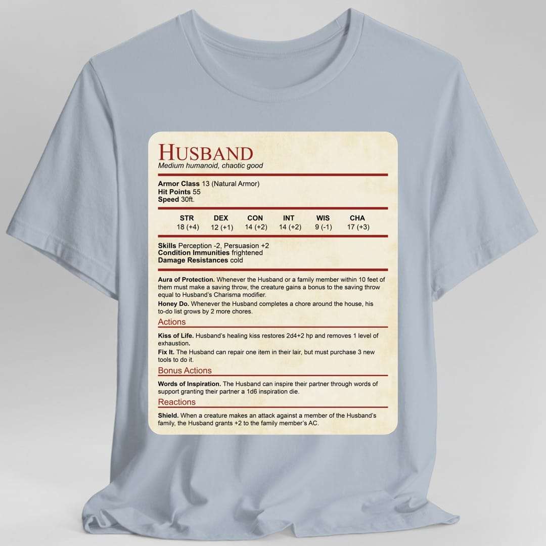 D&D Husband Stat Block t-shirt featuring a character sheet layout with ability scores and partnership-themed actions on a parchment background