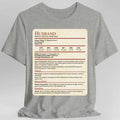 D&D Husband Stat Block t-shirt with RPG character sheet design and daily partnership routines on parchment background