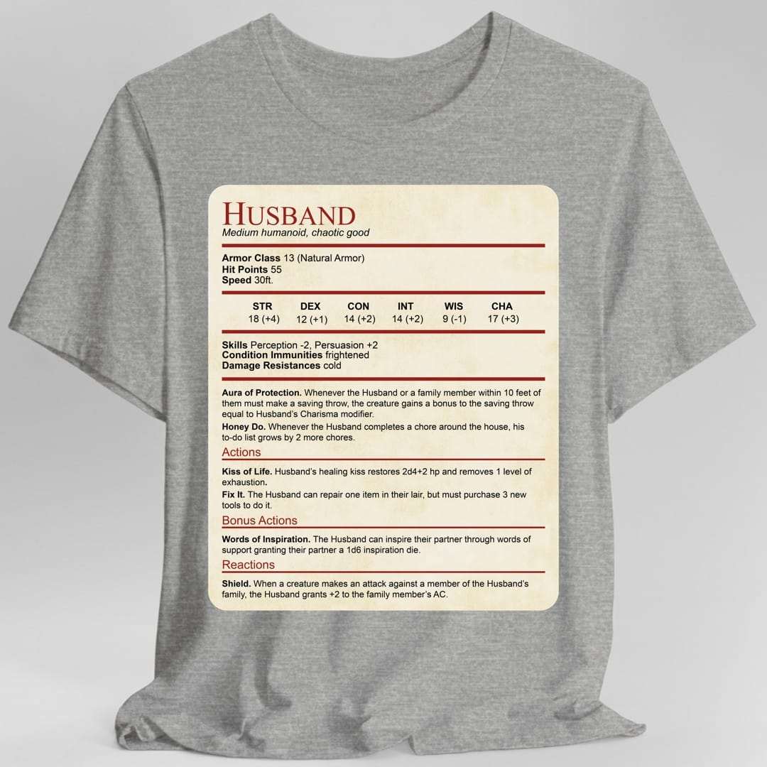 D&D Husband Stat Block t-shirt with RPG character sheet design and daily partnership routines on parchment background