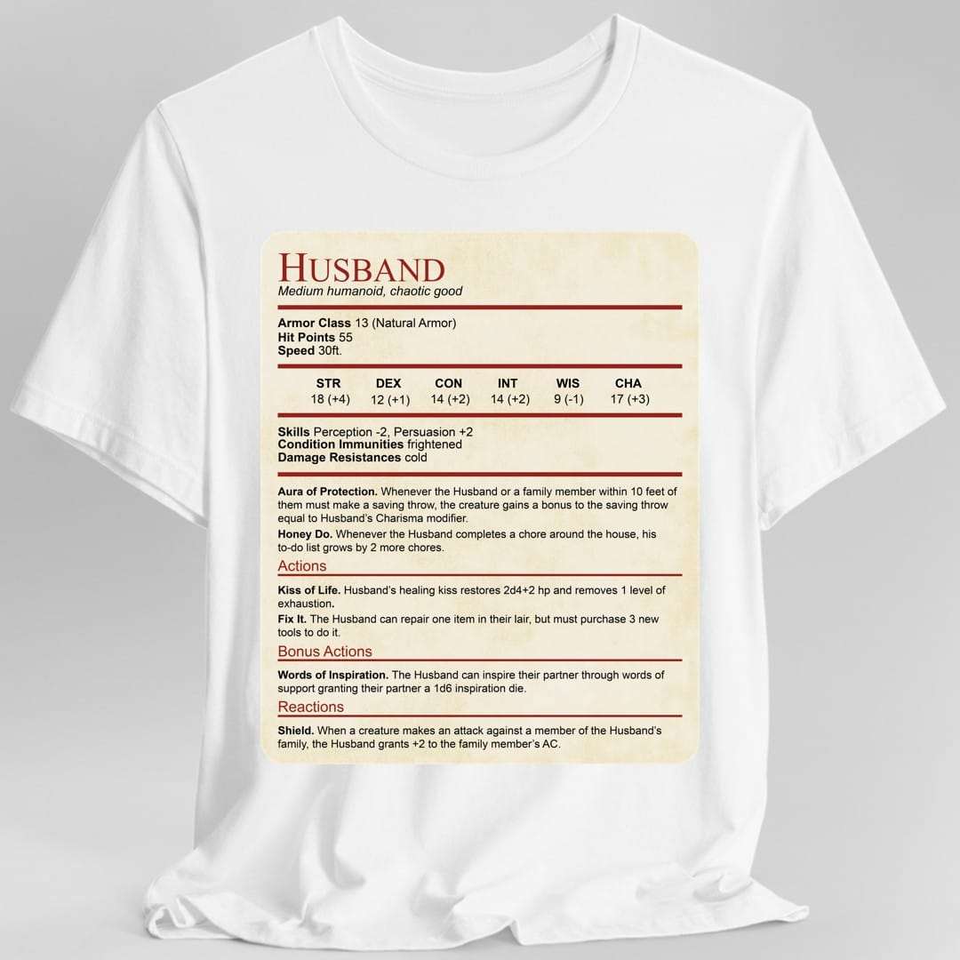 D&D Husband Stat Block t-shirt with character sheet design and relationship-themed gameplay stats on parchment background