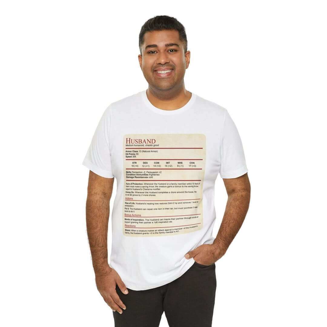 Dungeons & Dragons inspired D&D Husband Stat Block t-shirt design with RPG character sheet layout on parchment background