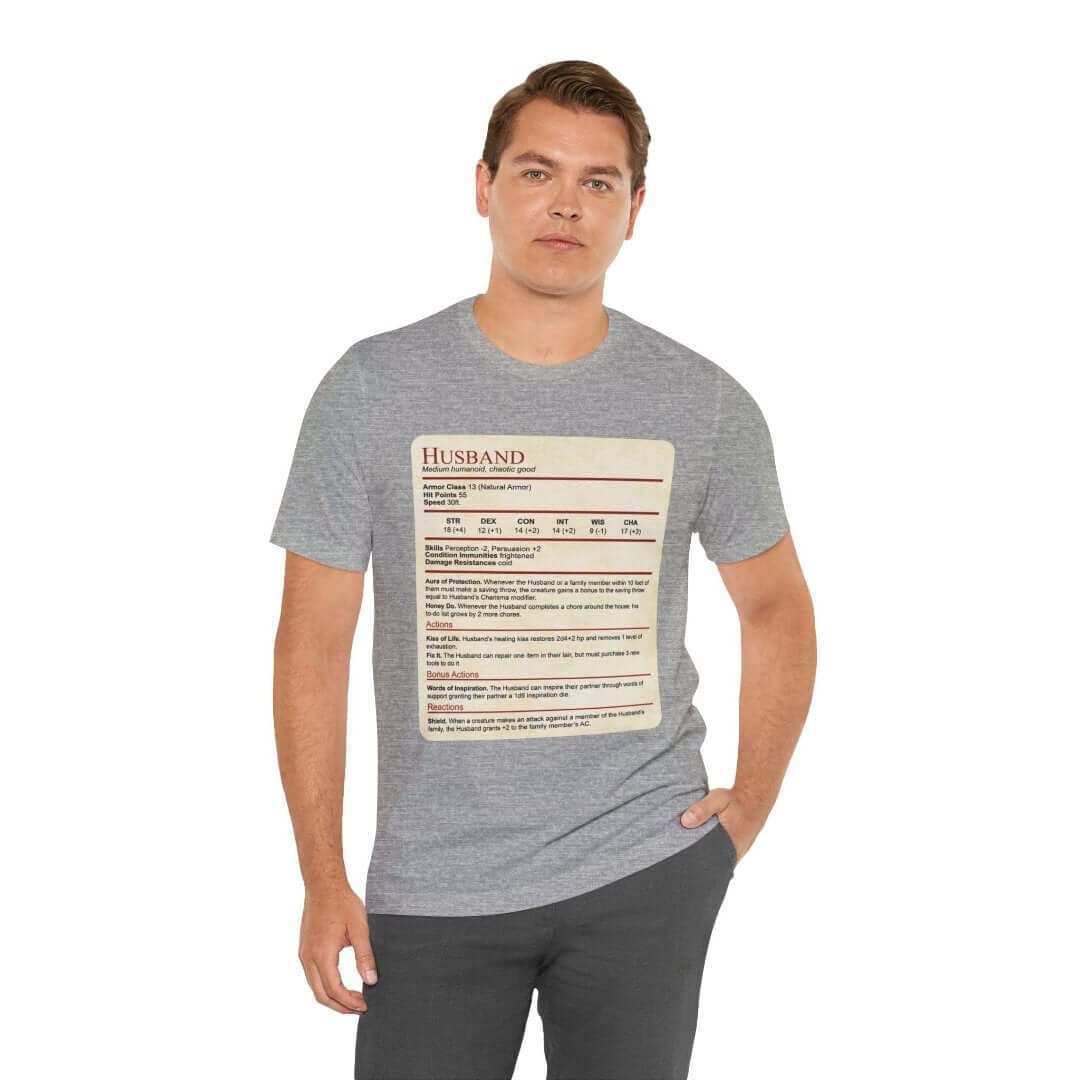 D&D Husband Stat Block t-shirt with character sheet design and ability scores on parchment background
