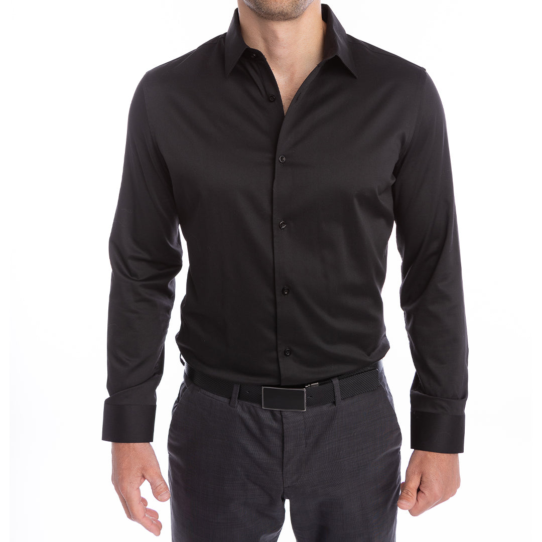 Black goTIELESS Ultimate Dress Shirt with Million Dollar Collar and wrinkle-resistant bamboo stretch fabric