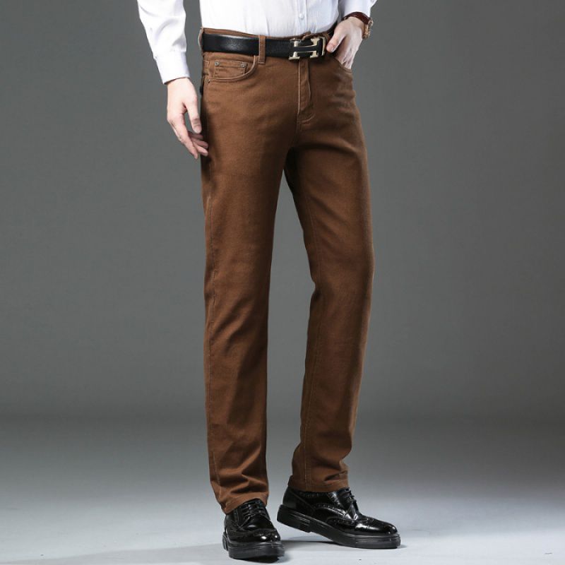 Conservative comfortable stretch office trousers in green, black, and brown with straight-leg fit and medium-elastic waistband