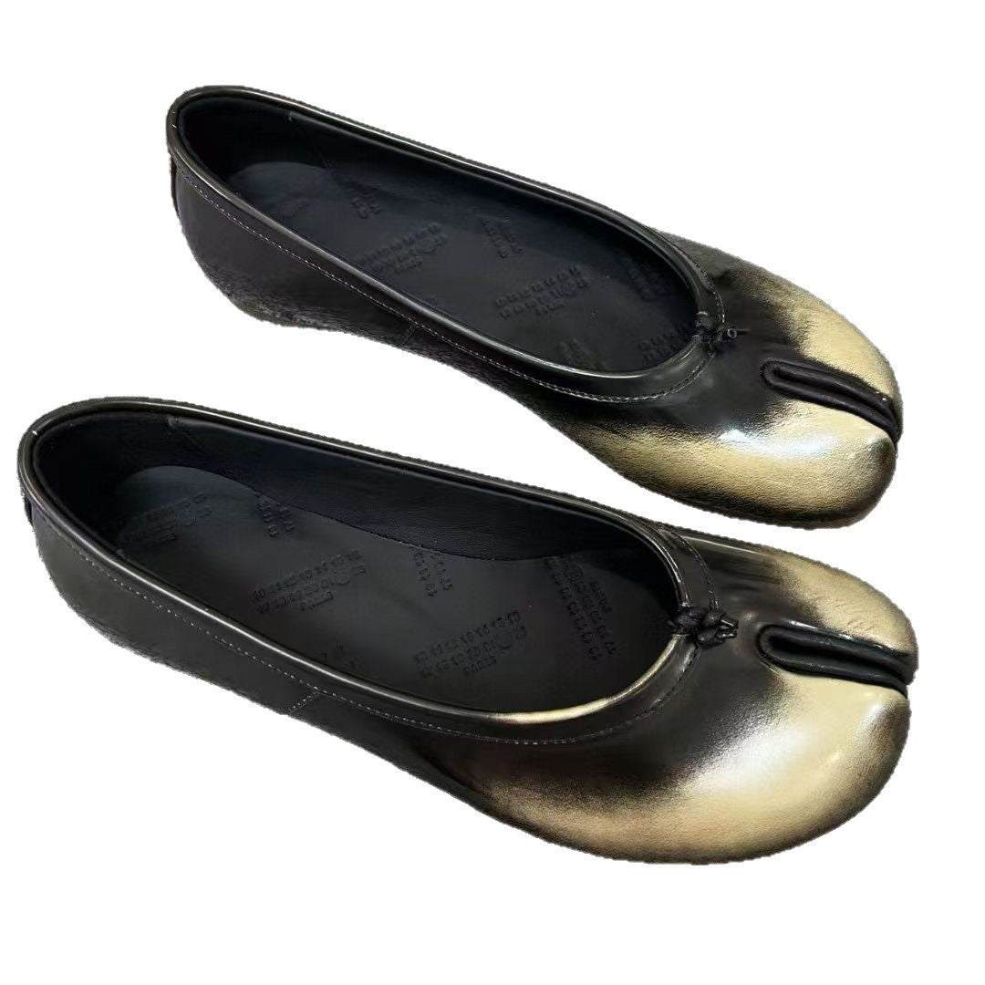 gold and black vegan leather tabi shoes with split toe design