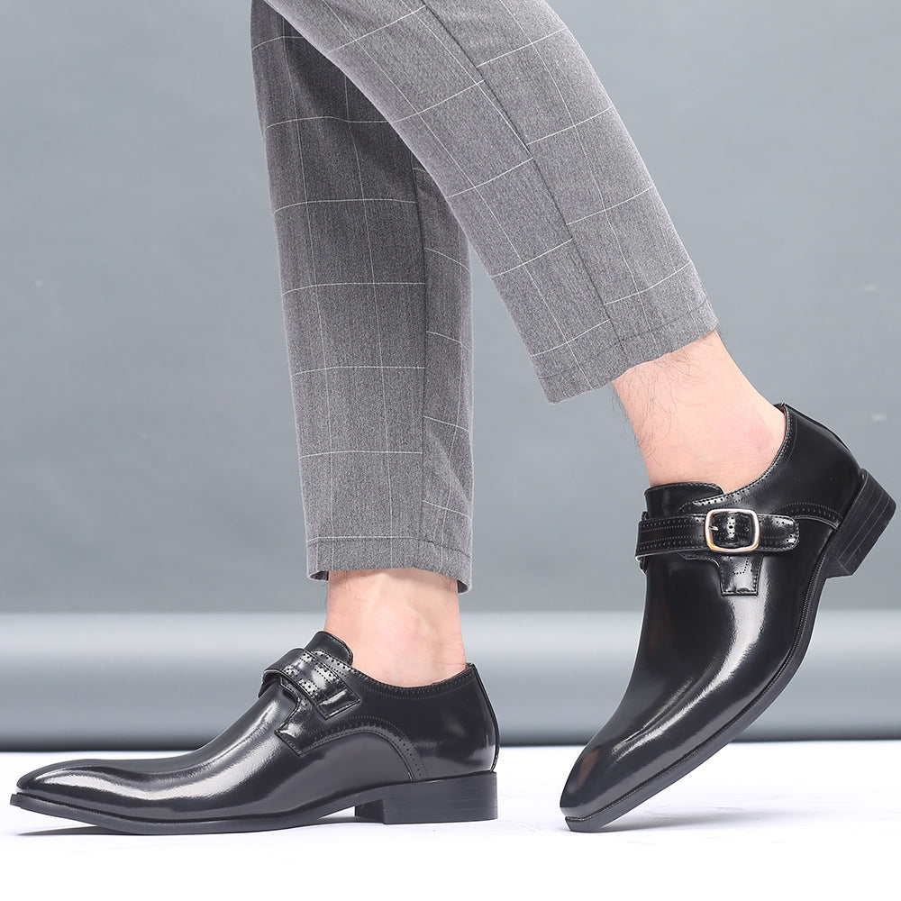Men's business casual vegan leather shoes with horsebit buckle and hidden height-increasing sole in black and red colors