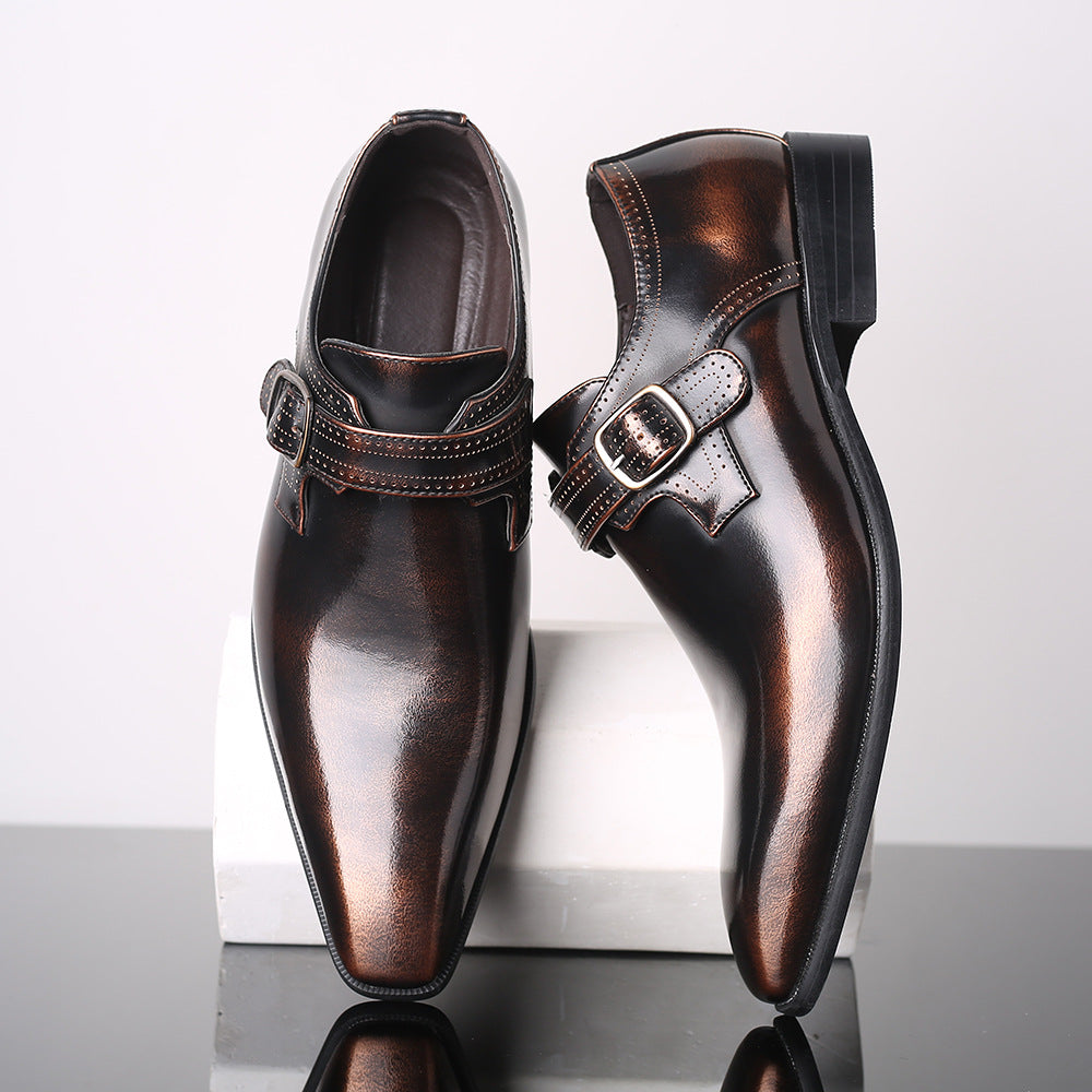 Men's business casual vegan leather shoes with horsebit buckle and hidden sole elevation