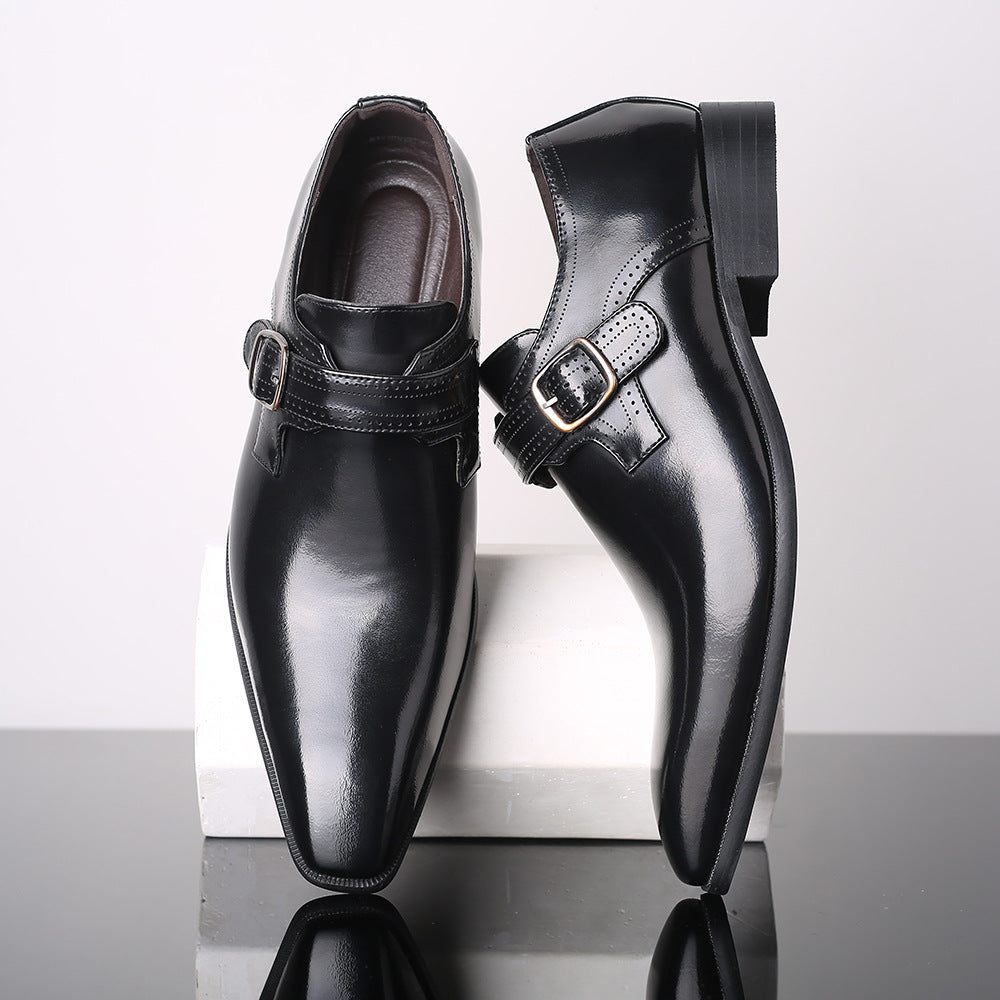Men's business casual vegan leather shoes with horsebit buckle and textured rubber sole