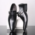 Men's business casual vegan leather shoes with horsebit buckle and textured rubber sole