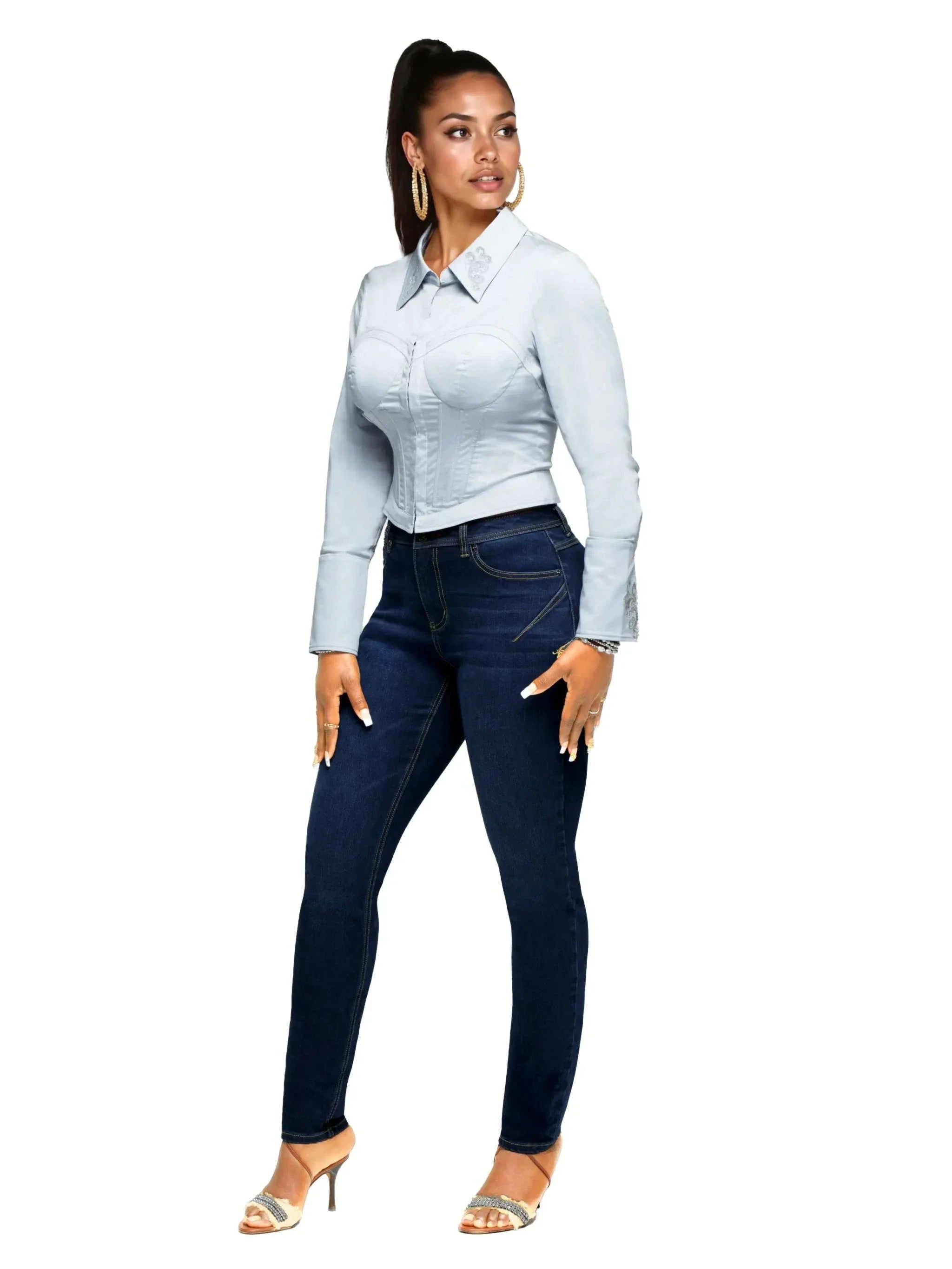 Close-up of Apple Bottoms denim thong showing stitched posterior detail on ankle-biter skinny jeans