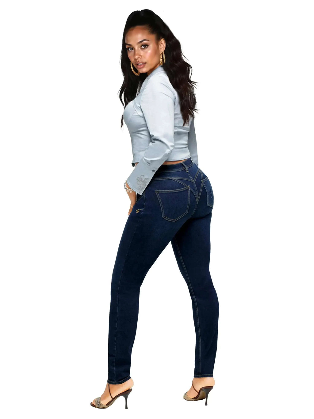 Close-up of Apple Bottoms brand thong stitched on dark denim skinny jeans with tapered ankle cut and rear panel shaping