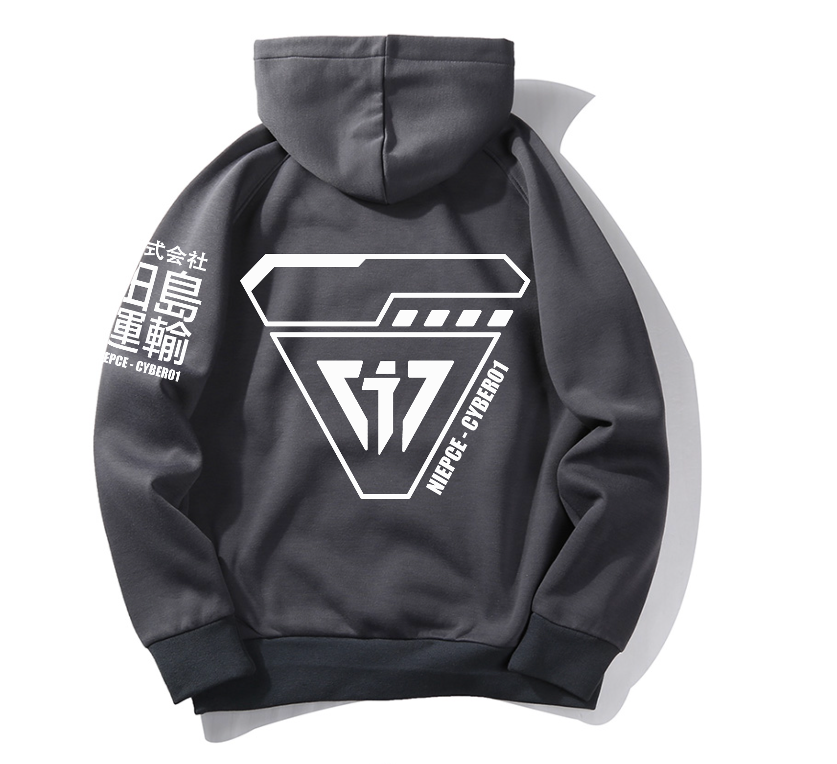 Niepce Cyber01 Hoodie with embroidered i-tech logo and Japanese kanji on grey fleece lining, designed for thermal retention and wind-blocking.