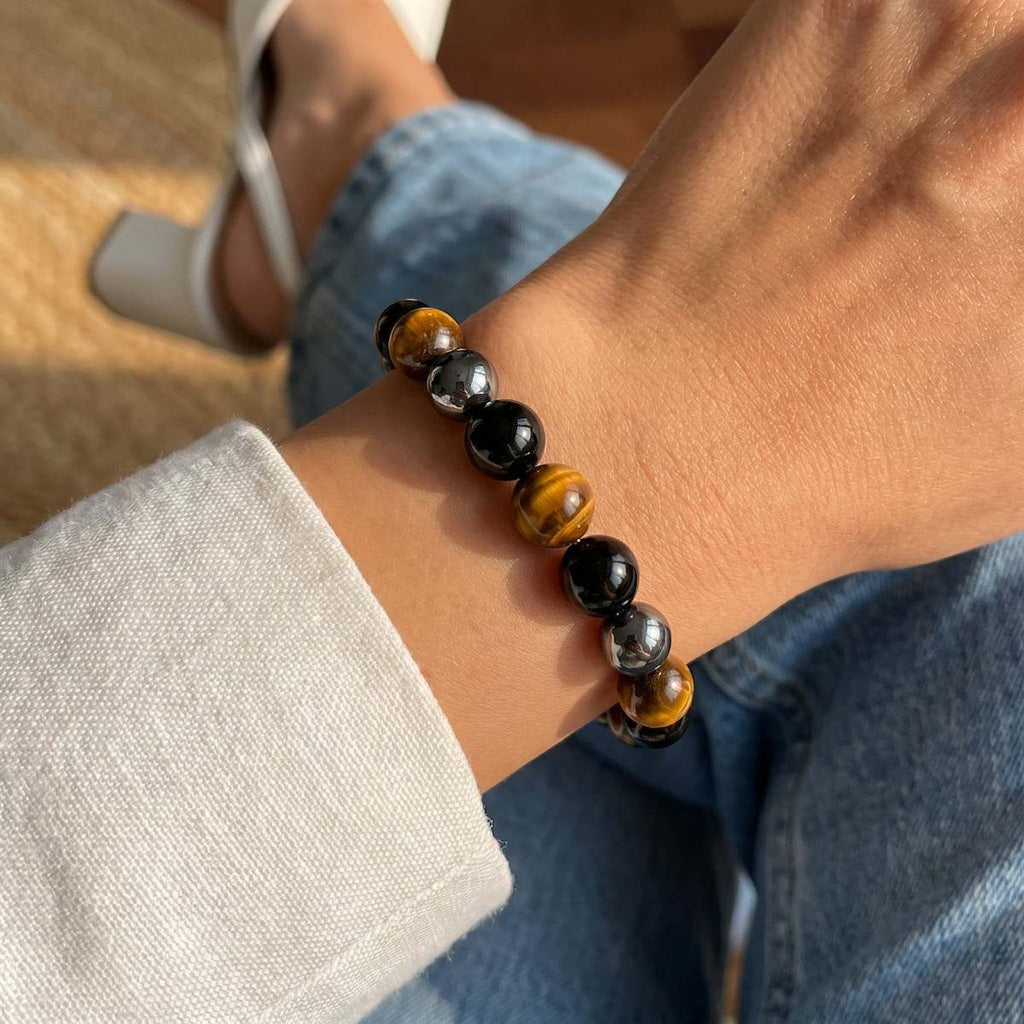 Triple Protection Bracelet featuring Hematite, Black Obsidian, and Tiger’s Eye gemstones on a flexible cord
