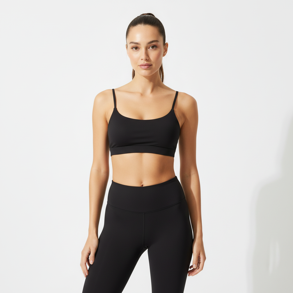 Luxury Black Sports Bra with slim straps and scoop neckline in smooth nylon-spandex blend worn by woman posing with arms raised