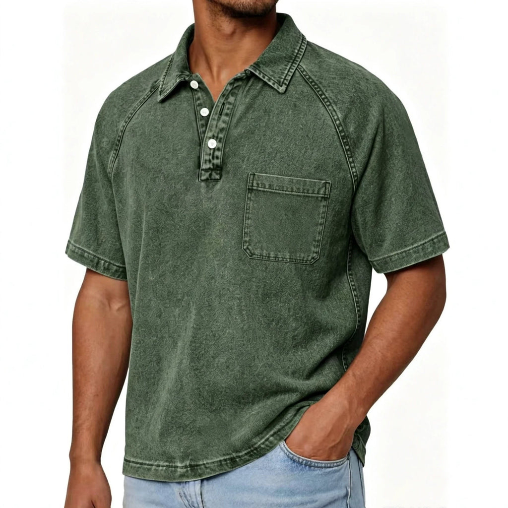 Mens Washed-and-Aged Cotton Denim Polo Shirt in army green, with short sleeves, button placket and chest pocket