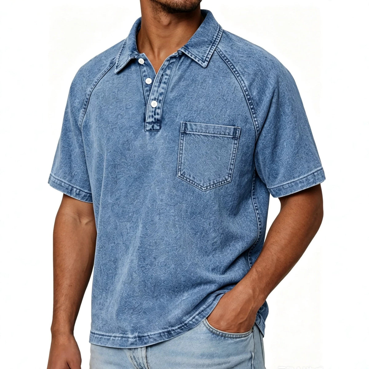 Mens Washed-and-Aged Cotton Denim Polo Shirt in faded blue with short sleeves, button placket and chest pocket