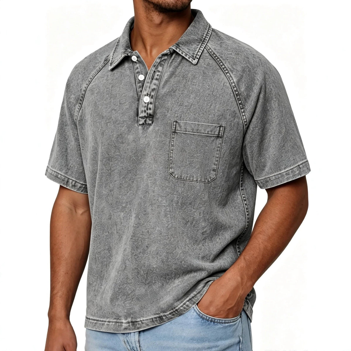 Mens Washed-and-Aged Cotton Denim Polo Shirt in gray, with short raglan sleeves, button placket and chest pocket