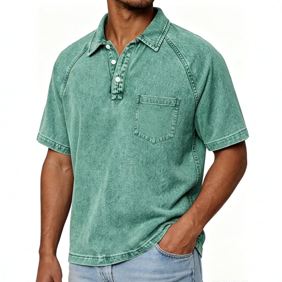 Mens Washed-and-Aged Cotton Denim Polo Shirt in faded green with short sleeves, button placket and chest pocket