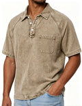 Mens Washed-and-Aged Cotton Denim Polo Shirt in taupe with short sleeves, white snap placket and chest pocket