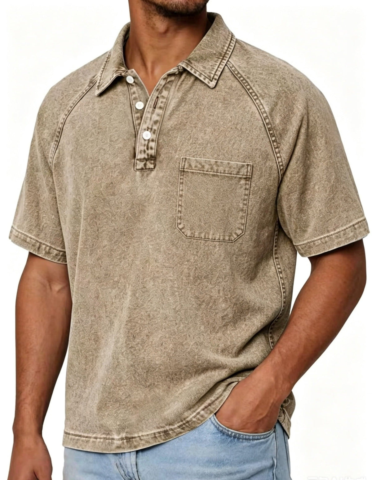 Mens Washed-and-Aged Cotton Denim Polo Shirt in taupe with short sleeves, white snap placket and chest pocket