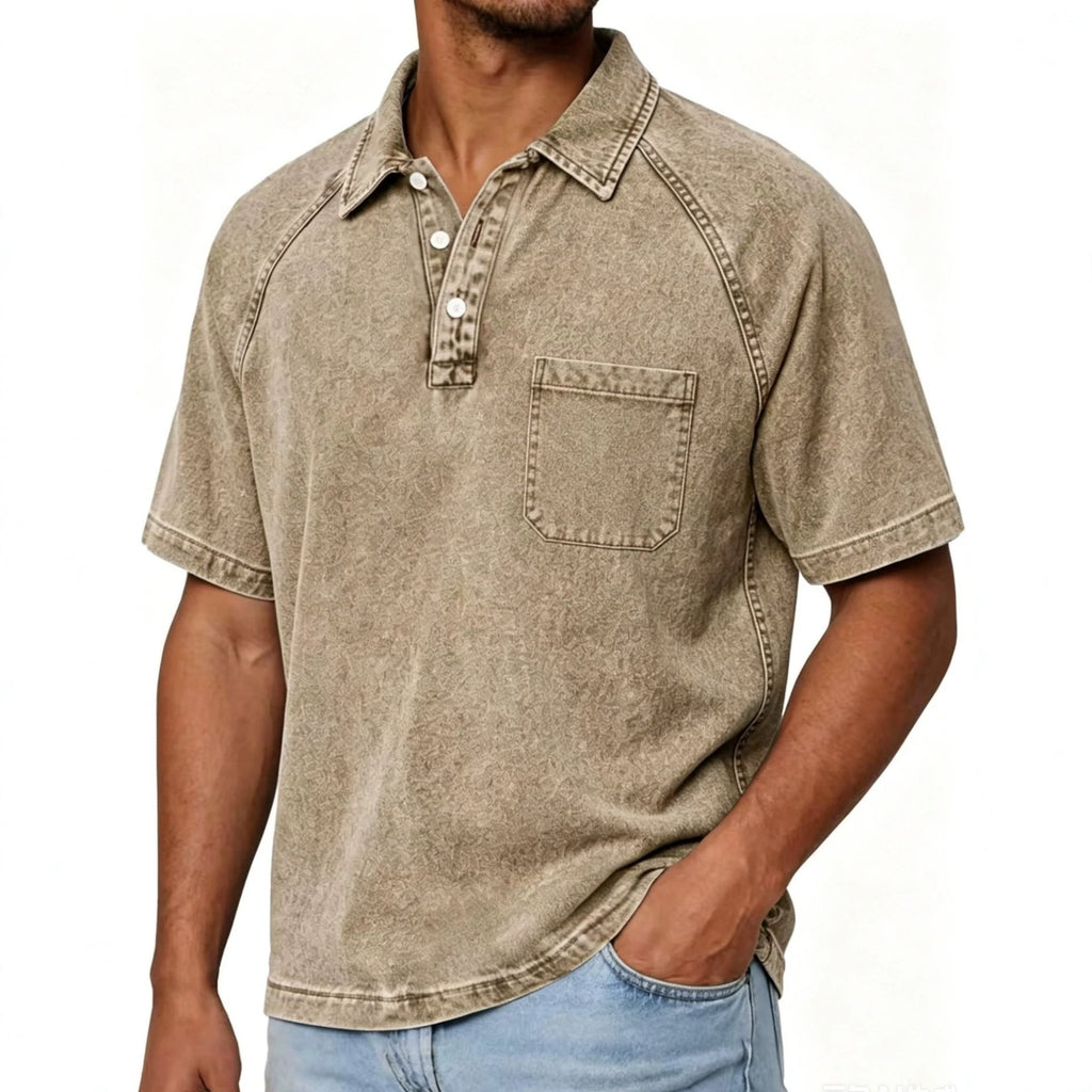Mens Washed-and-Aged Cotton Denim Polo Shirt in taupe with short sleeves, button placket and single chest pocket