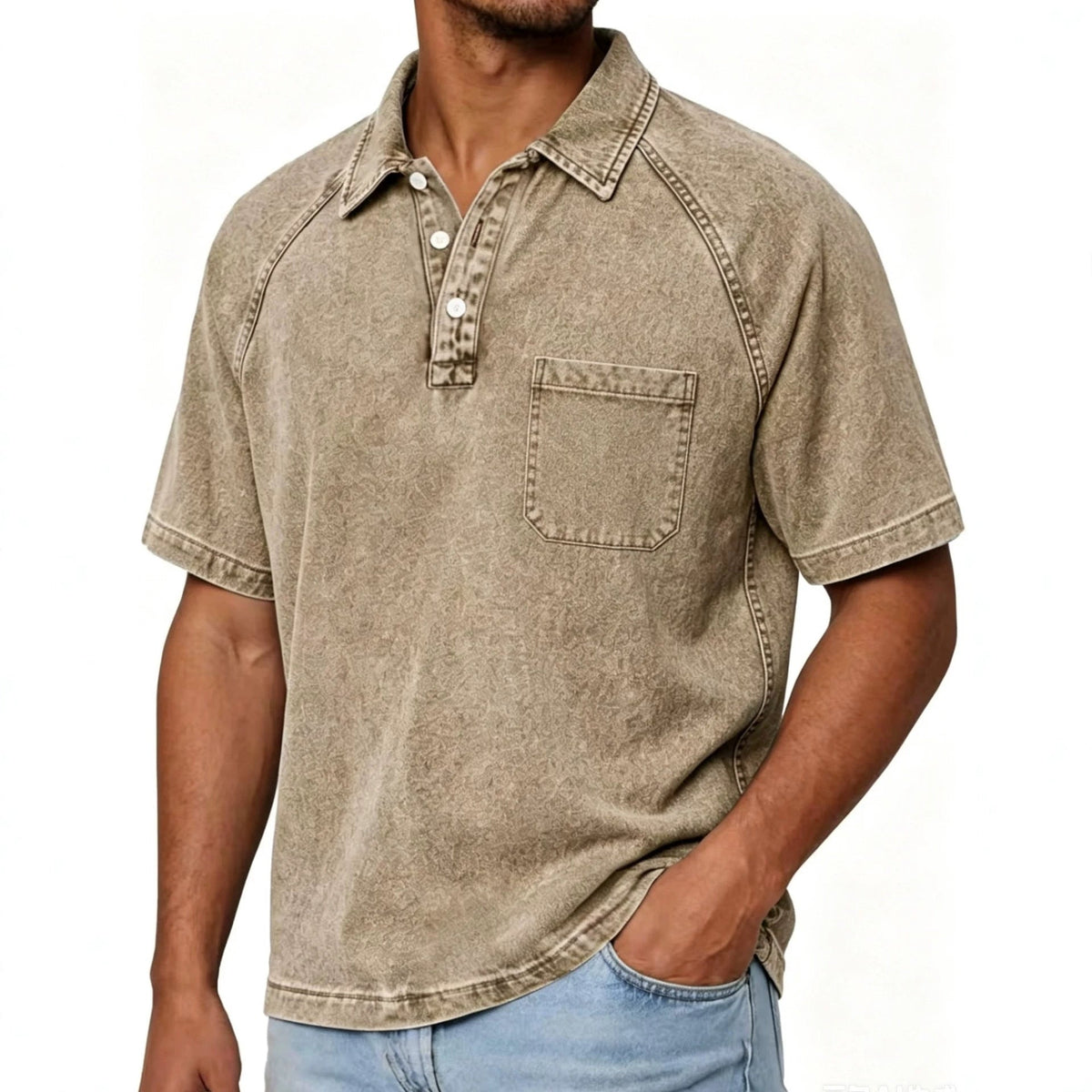 Mens Washed-and-Aged Cotton Denim Polo Shirt in taupe with short sleeves, button placket and single chest pocket