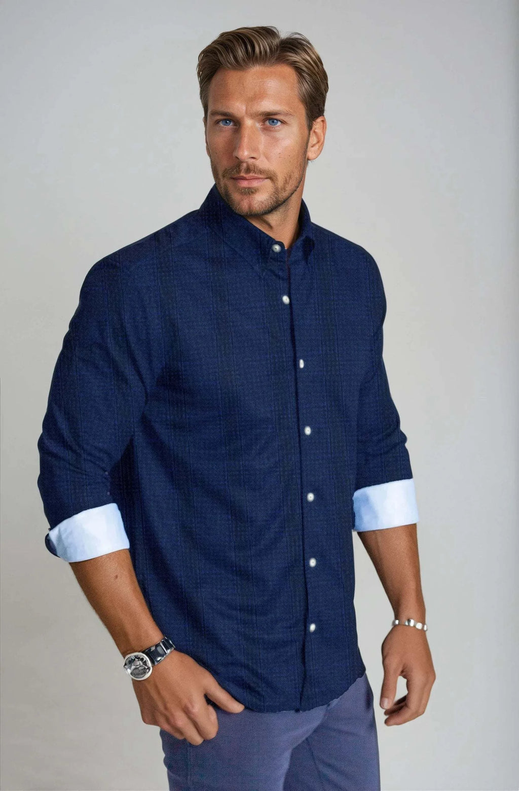moody blues plaid long sleeve tech shirt with breathable fabric